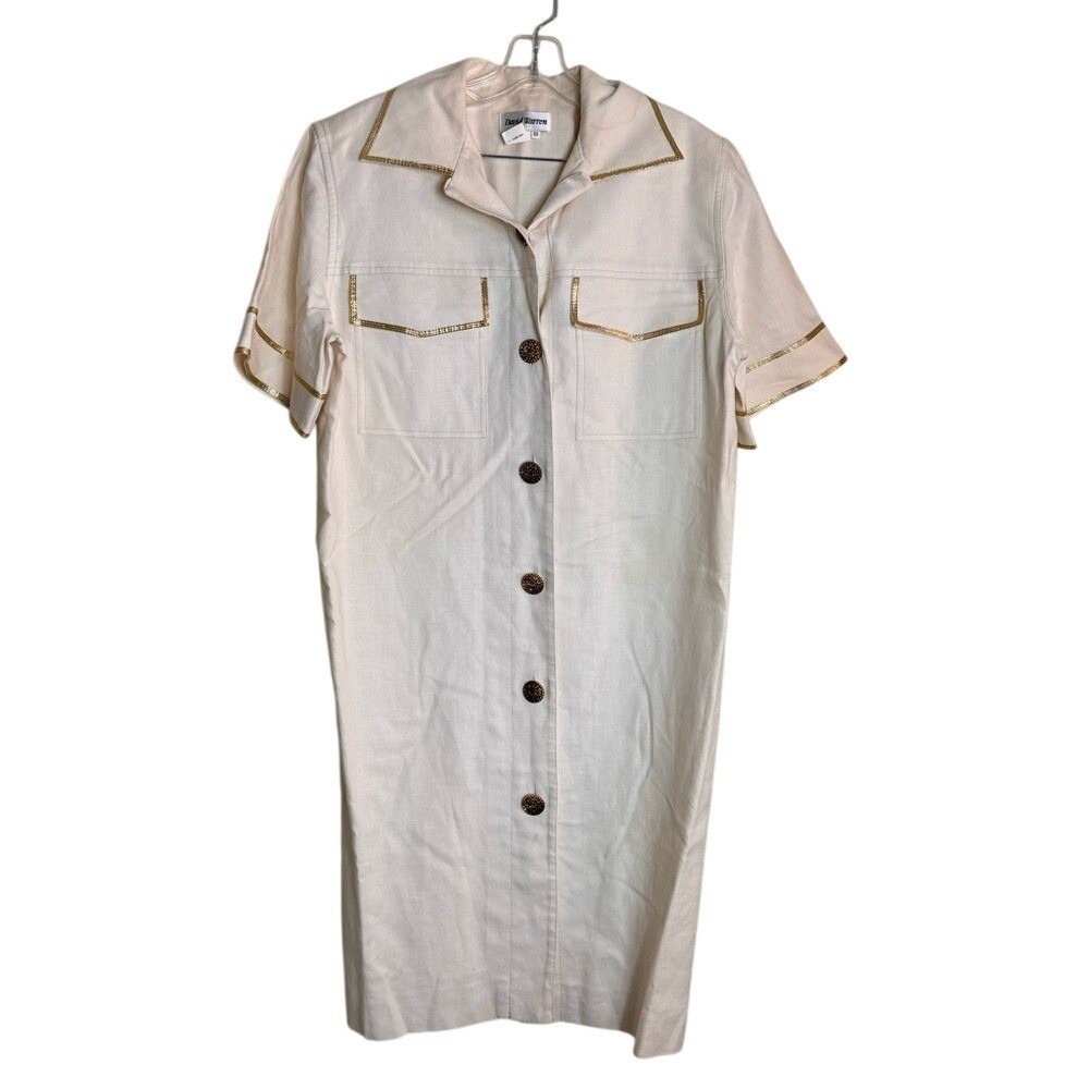 Vintage David Warren Linen Blend Safari Shirt Dress Beige‎ Gold Trim Size 10